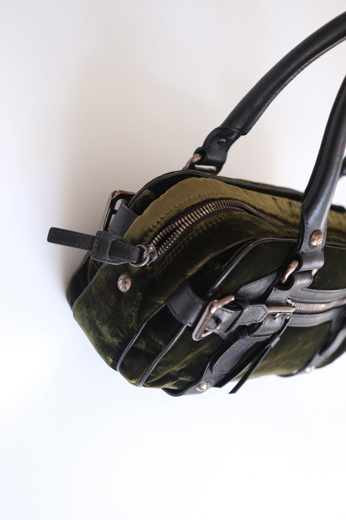 Vintage Giorgio Armani olive green velvet leather bowling handbag