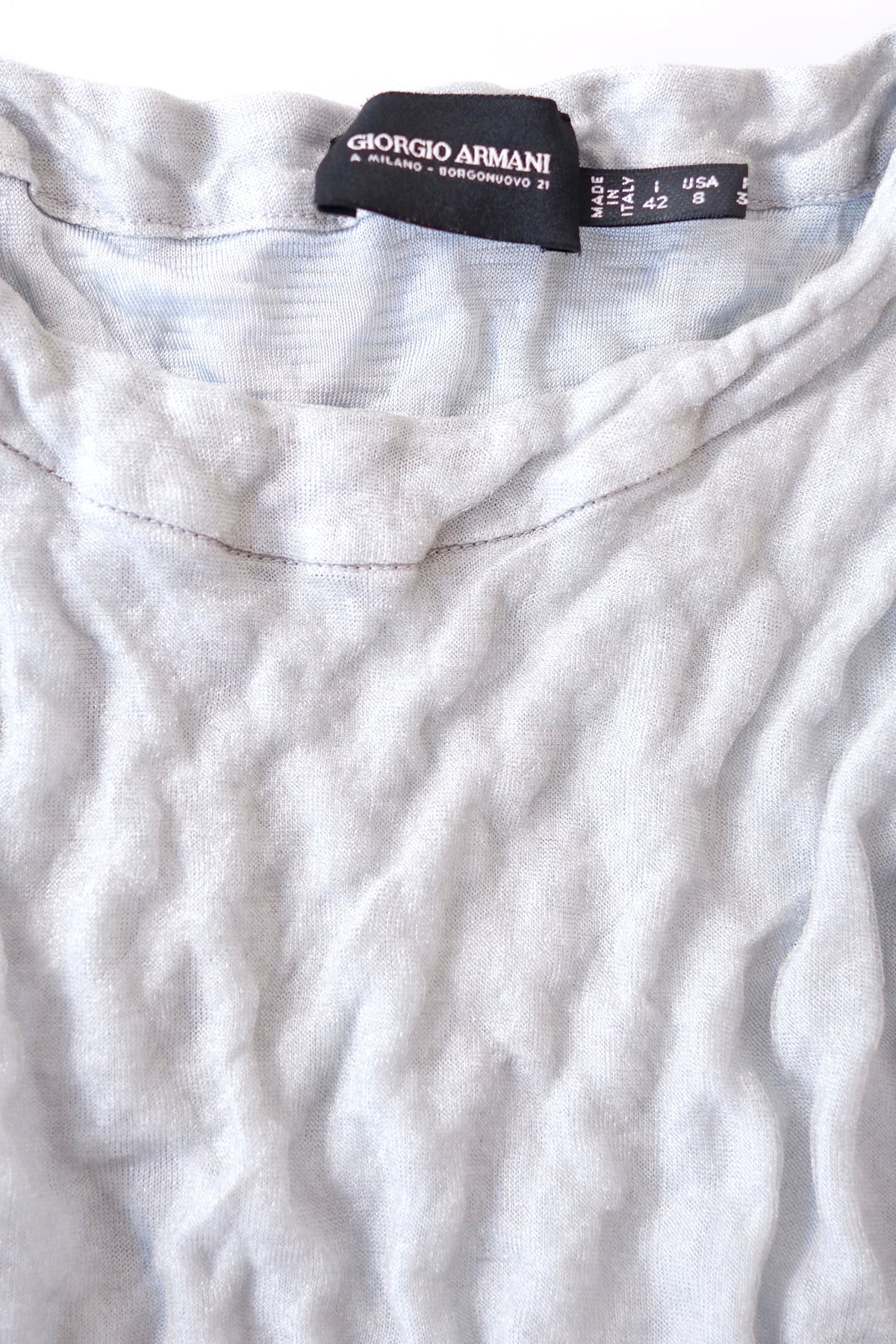 Vintage Giorgio Armani glittering light blue grey wrinkled crop top