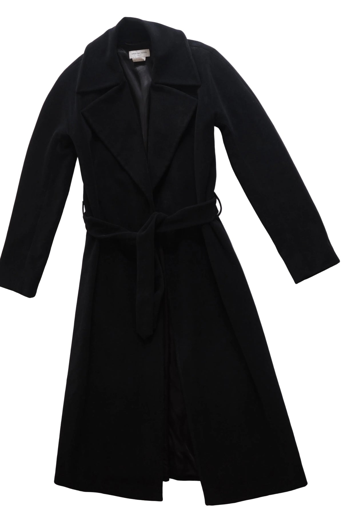 Dries van Noten long black wool velvet wrap coat