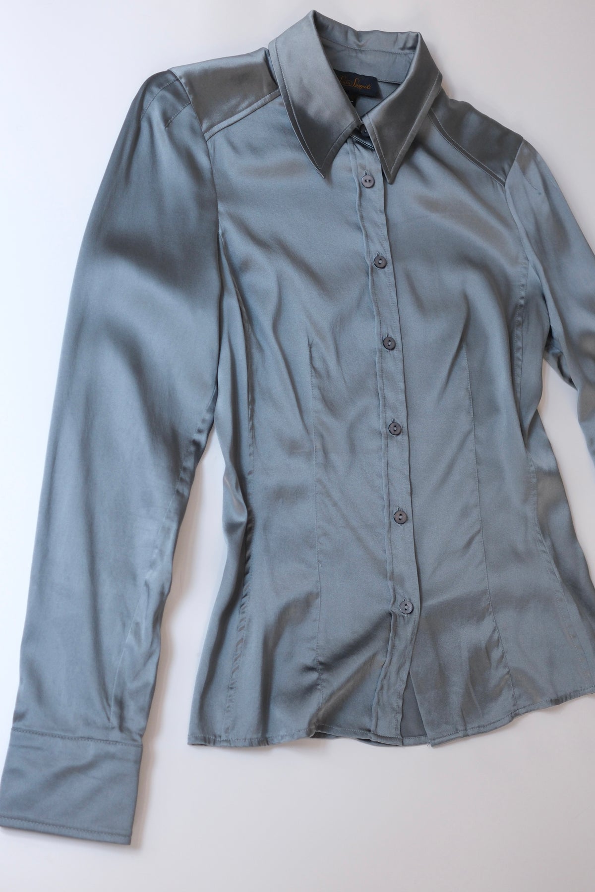 Luisa Spagnoli muted blue satin silk button-up shirt