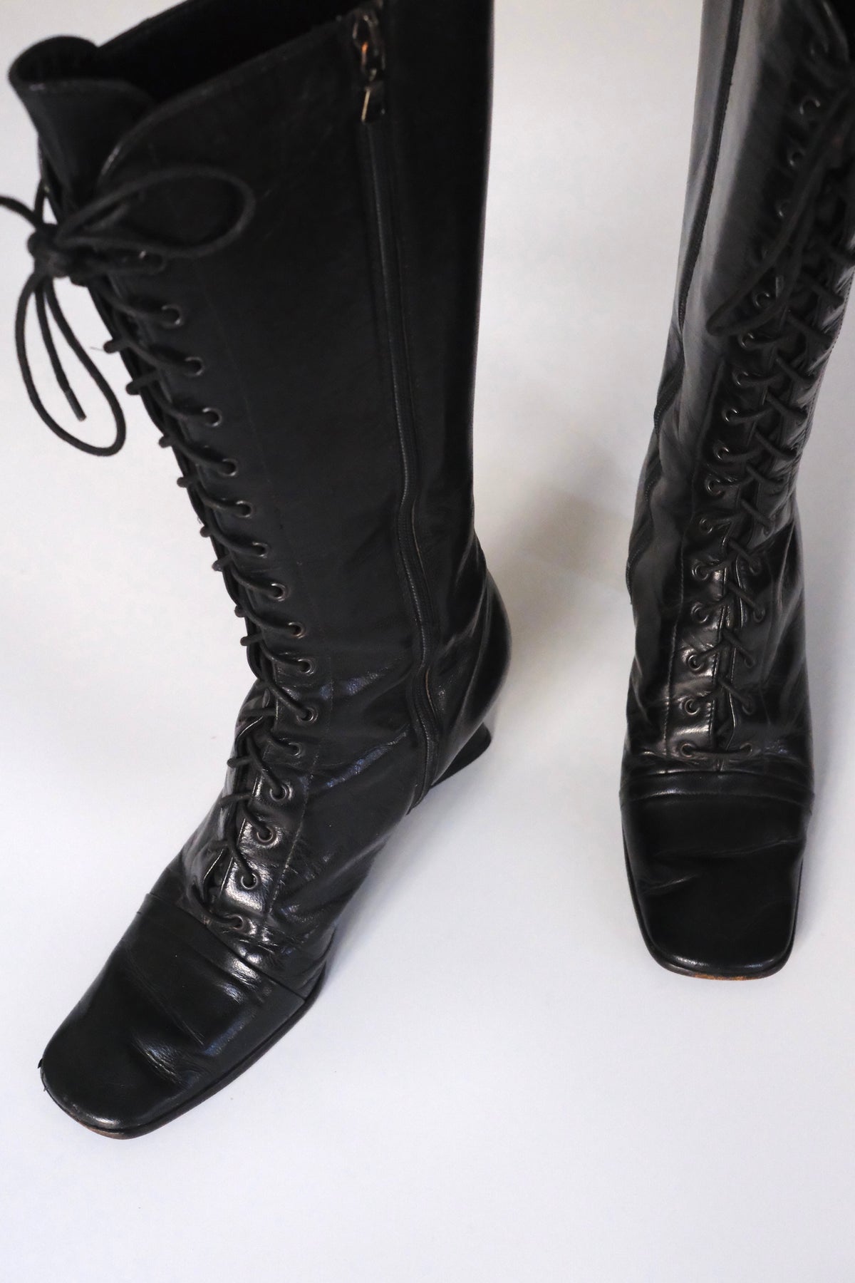 Prada FW 2001 victorian lace-up black leather boots