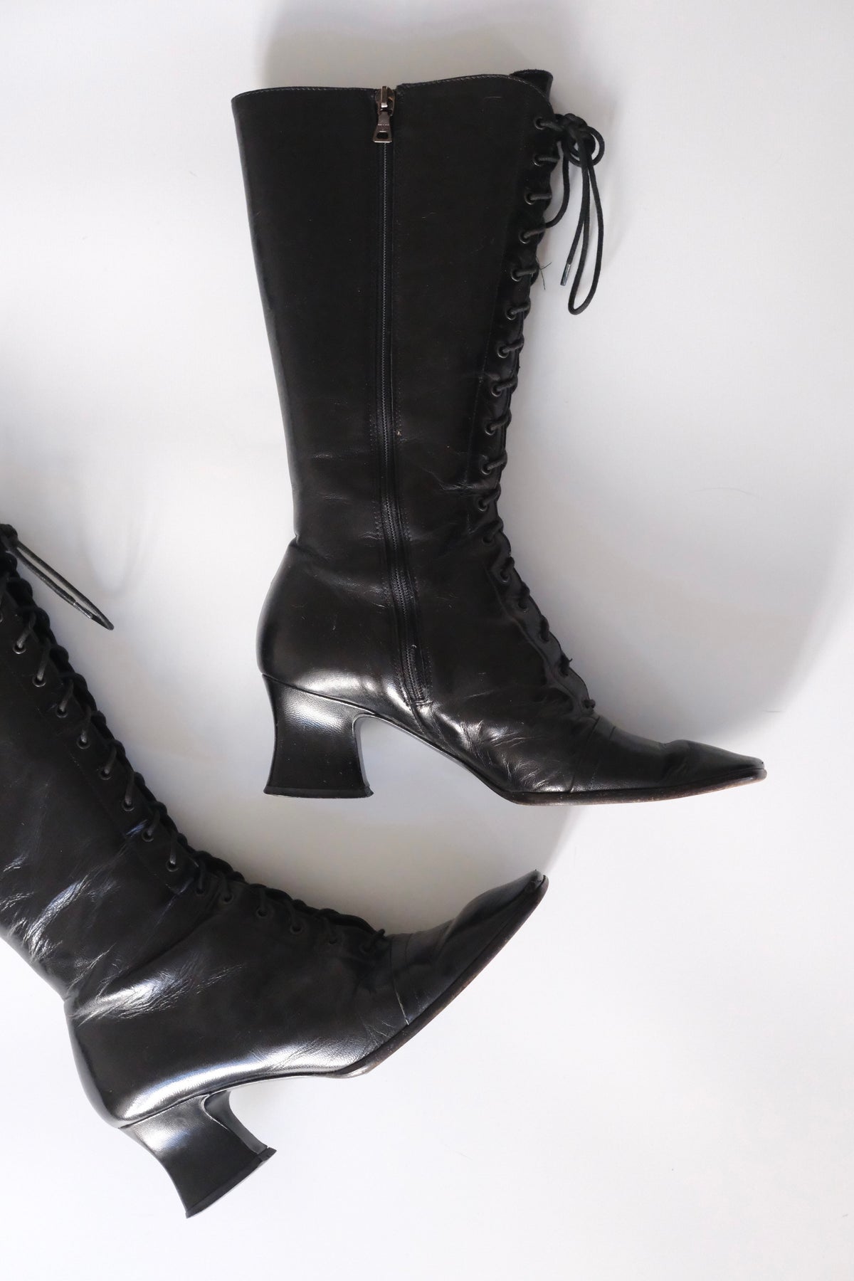 Prada FW 2001 victorian lace-up black leather boots