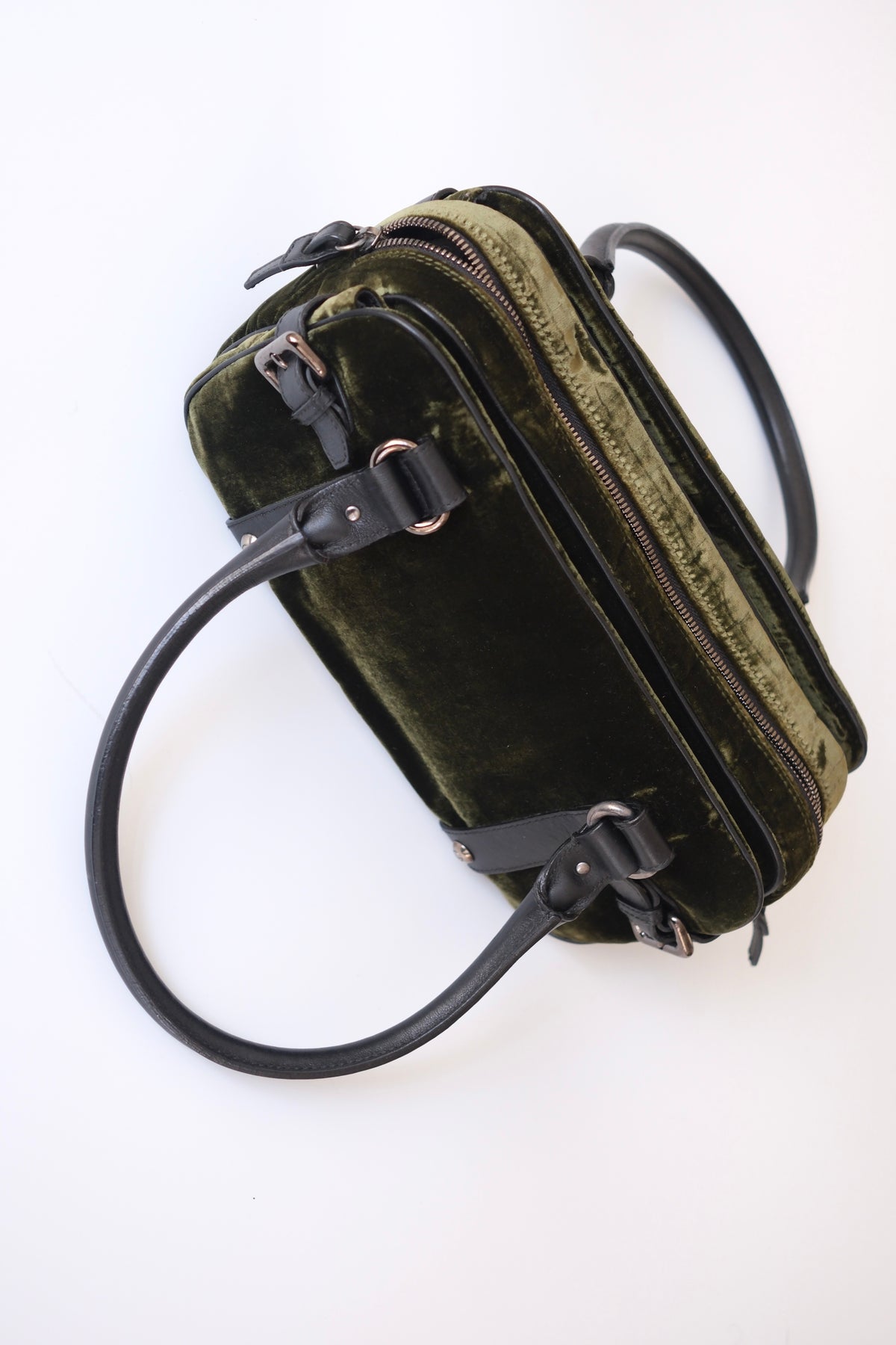 Vintage Giorgio Armani olive green velvet leather bowling handbag