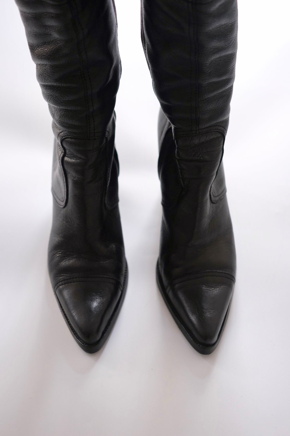 Miu Miu SS 1999 black leather knee-high lace-up heeled boots