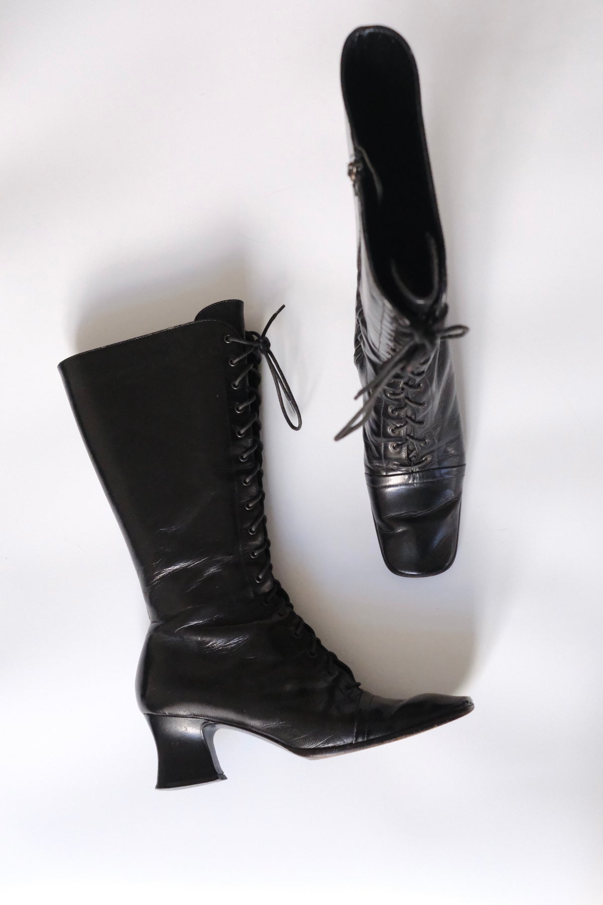 Prada FW 2001 victorian lace-up black leather boots