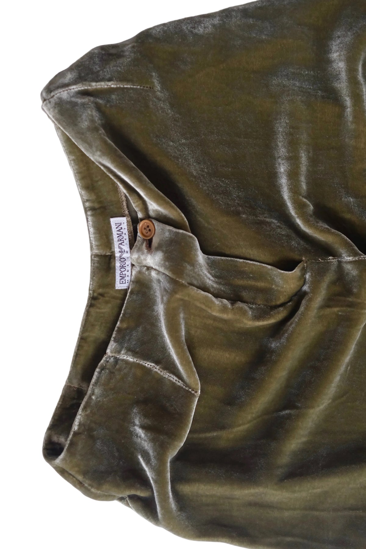 Emporio Armani olive green crushed velvet wide leg trousers
