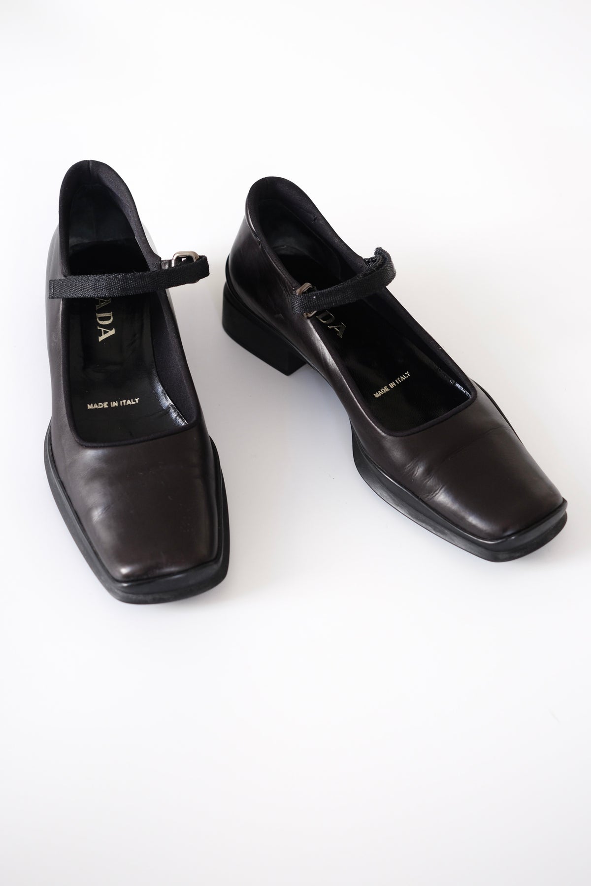 1990s Prada black leather square toe mary jane flats