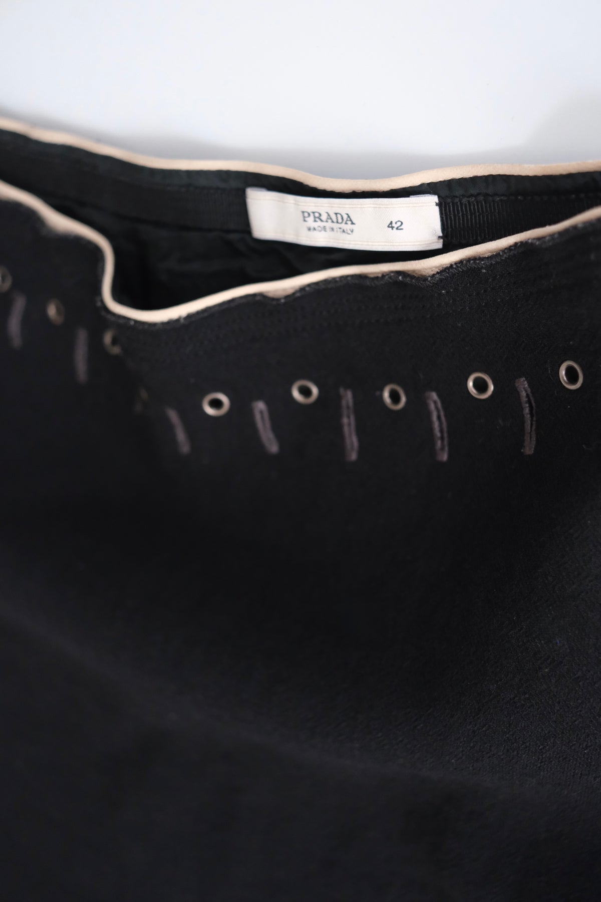 Prada FW 2004 black wool bias cut knee-length skirt