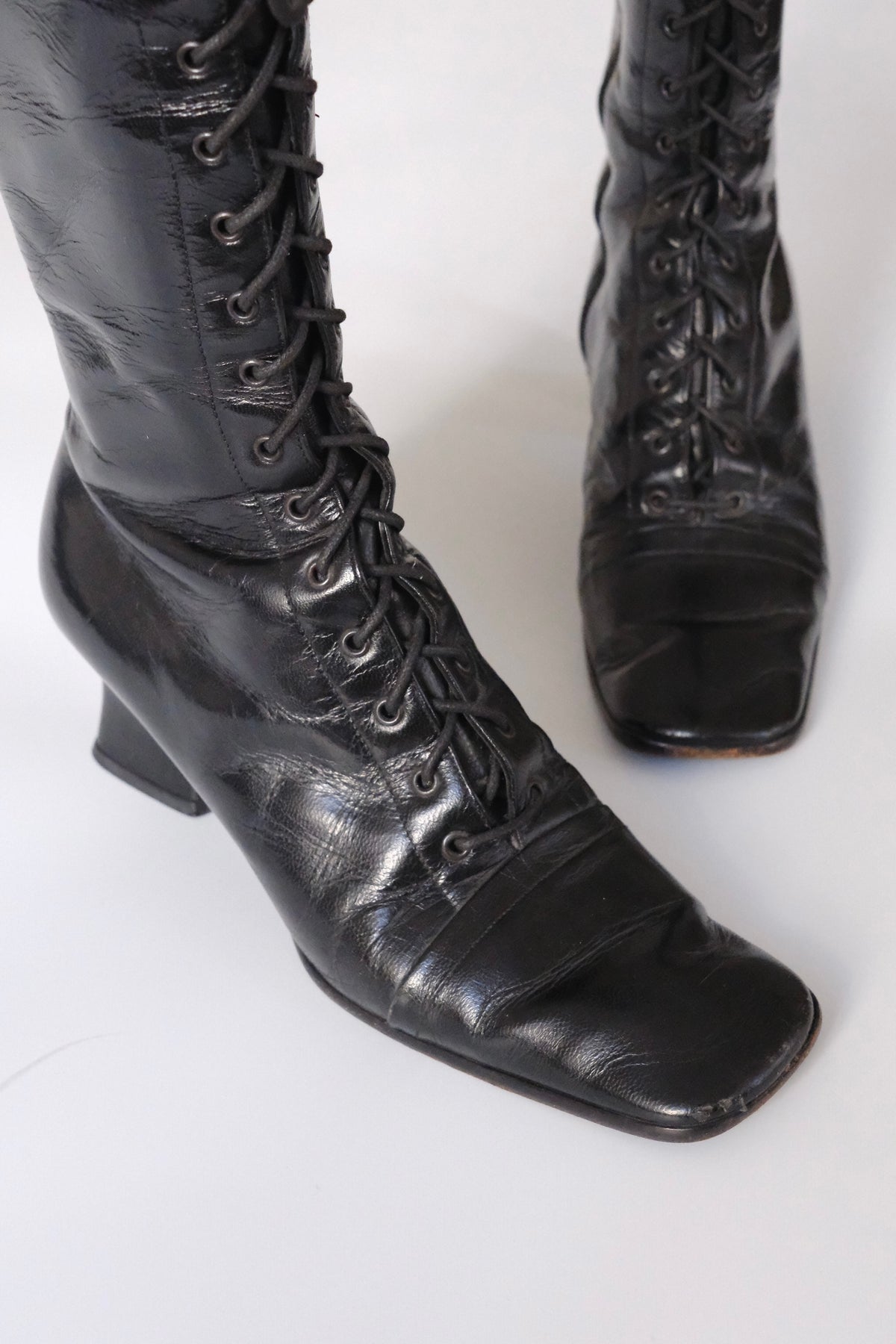 Prada FW 2001 victorian lace-up black leather boots