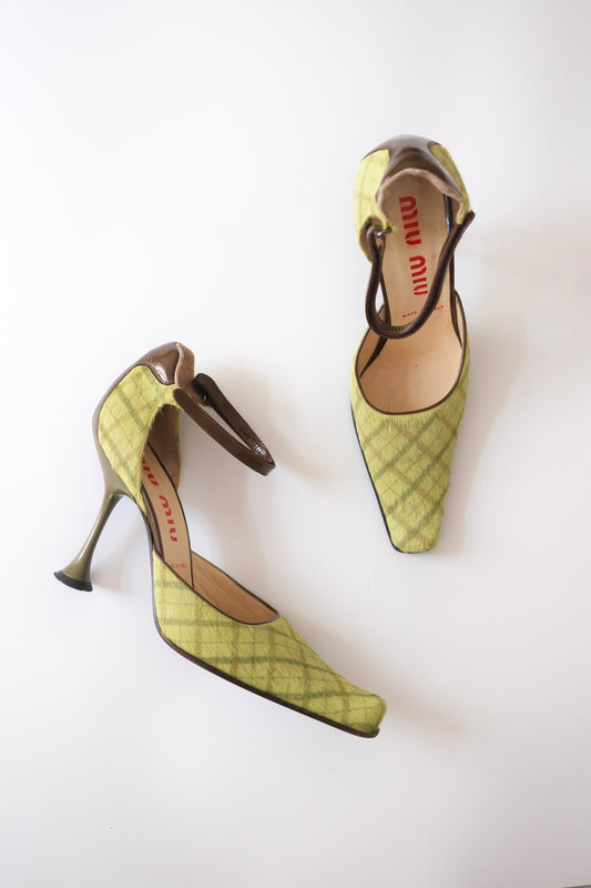 Miu Miu FW 1999 chartreuse tartan pony hair mary jane pumps
