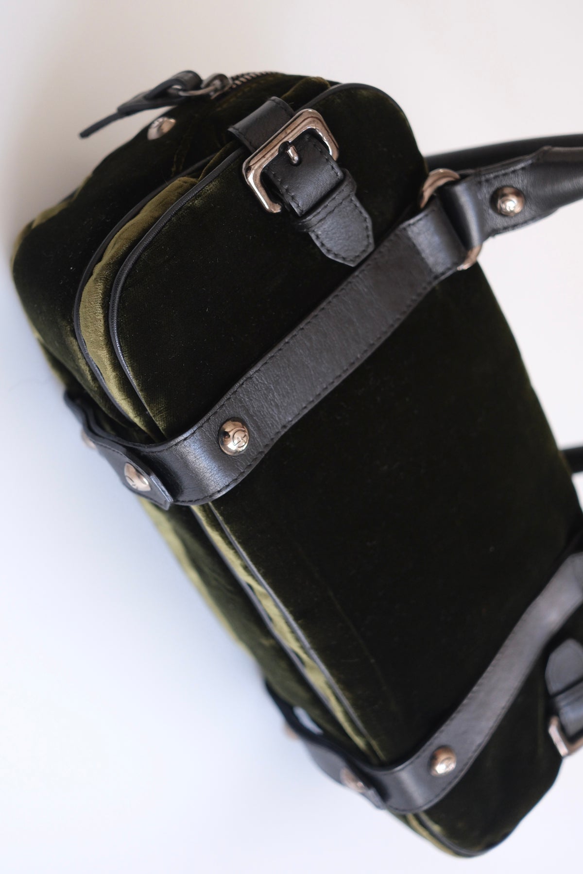 Vintage Giorgio Armani olive green velvet leather bowling handbag