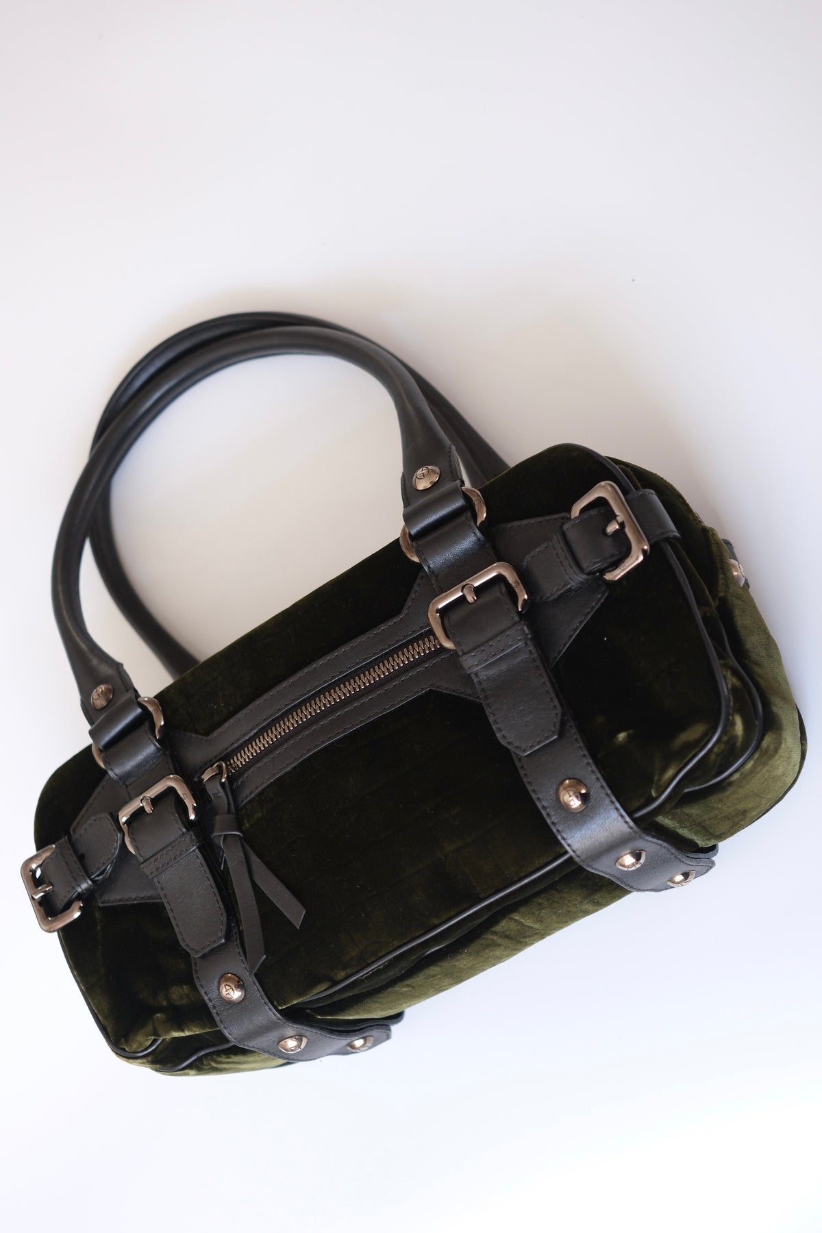 Vintage Giorgio Armani olive green velvet leather bowling handbag
