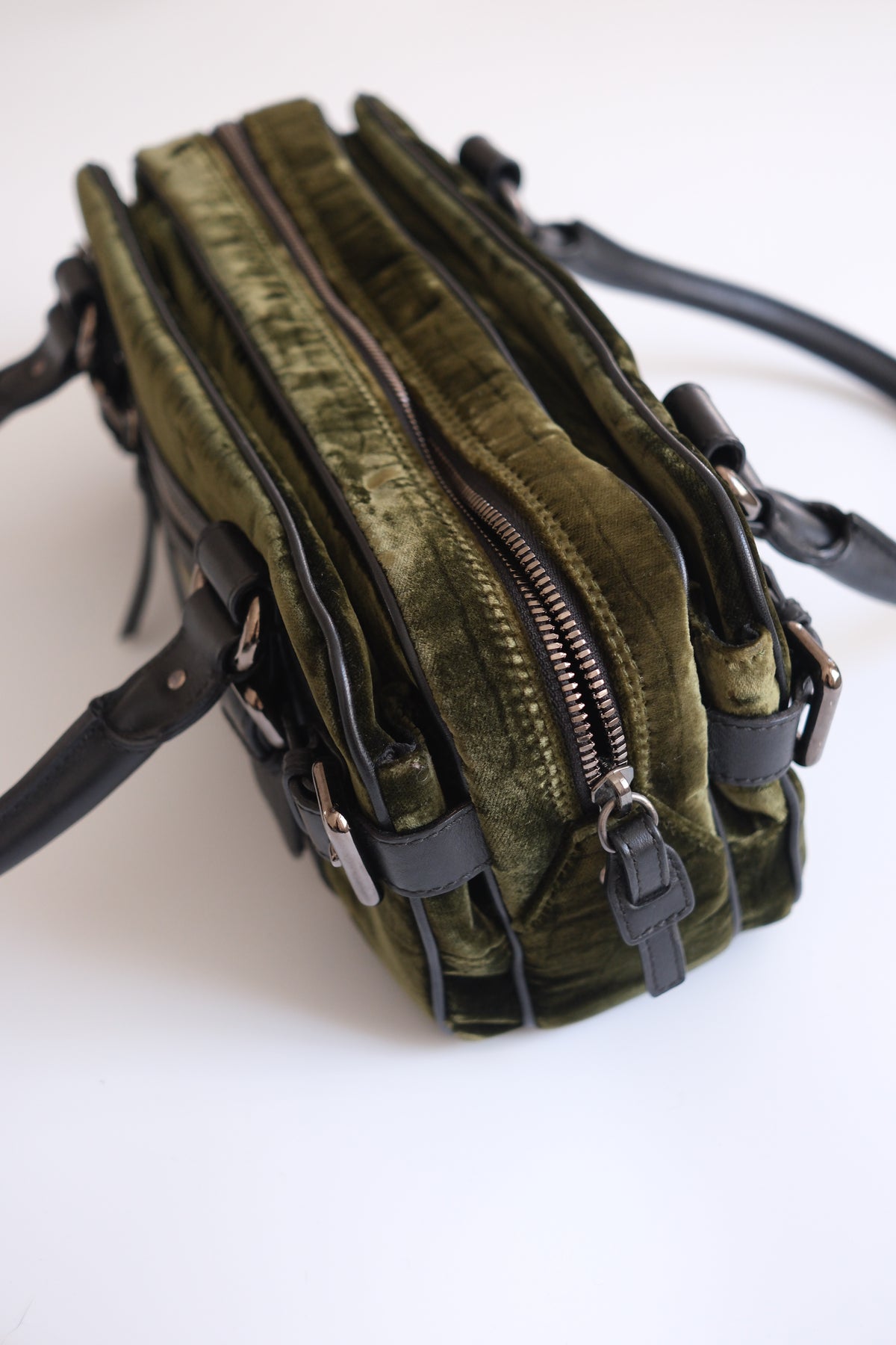 Vintage Giorgio Armani olive green velvet leather bowling handbag