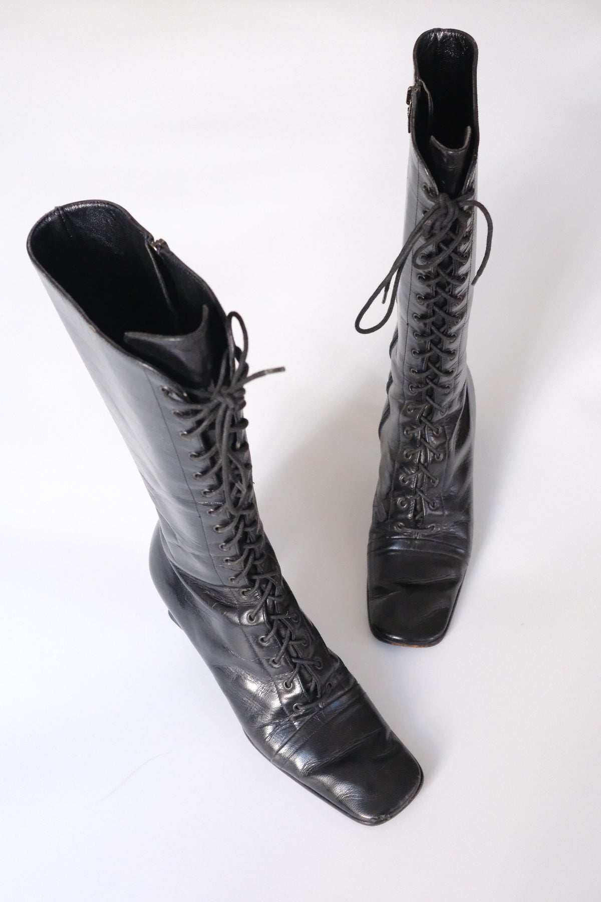 Prada FW 2001 victorian lace-up black leather boots