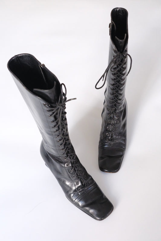 Prada FW 2001 victorian lace-up black leather boots