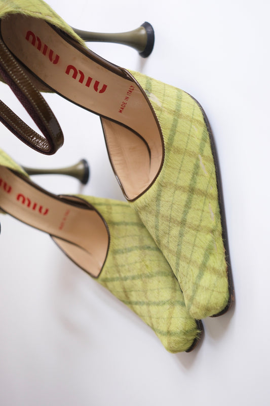 Miu Miu FW 1999 chartreuse tartan pony hair mary jane pumps