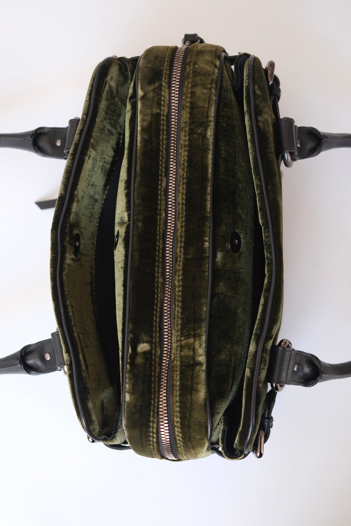 Vintage Giorgio Armani olive green velvet leather bowling handbag