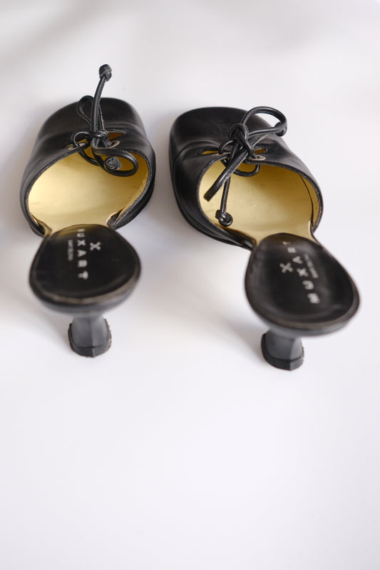 2000s Muxart black leather lace-up heeled mules