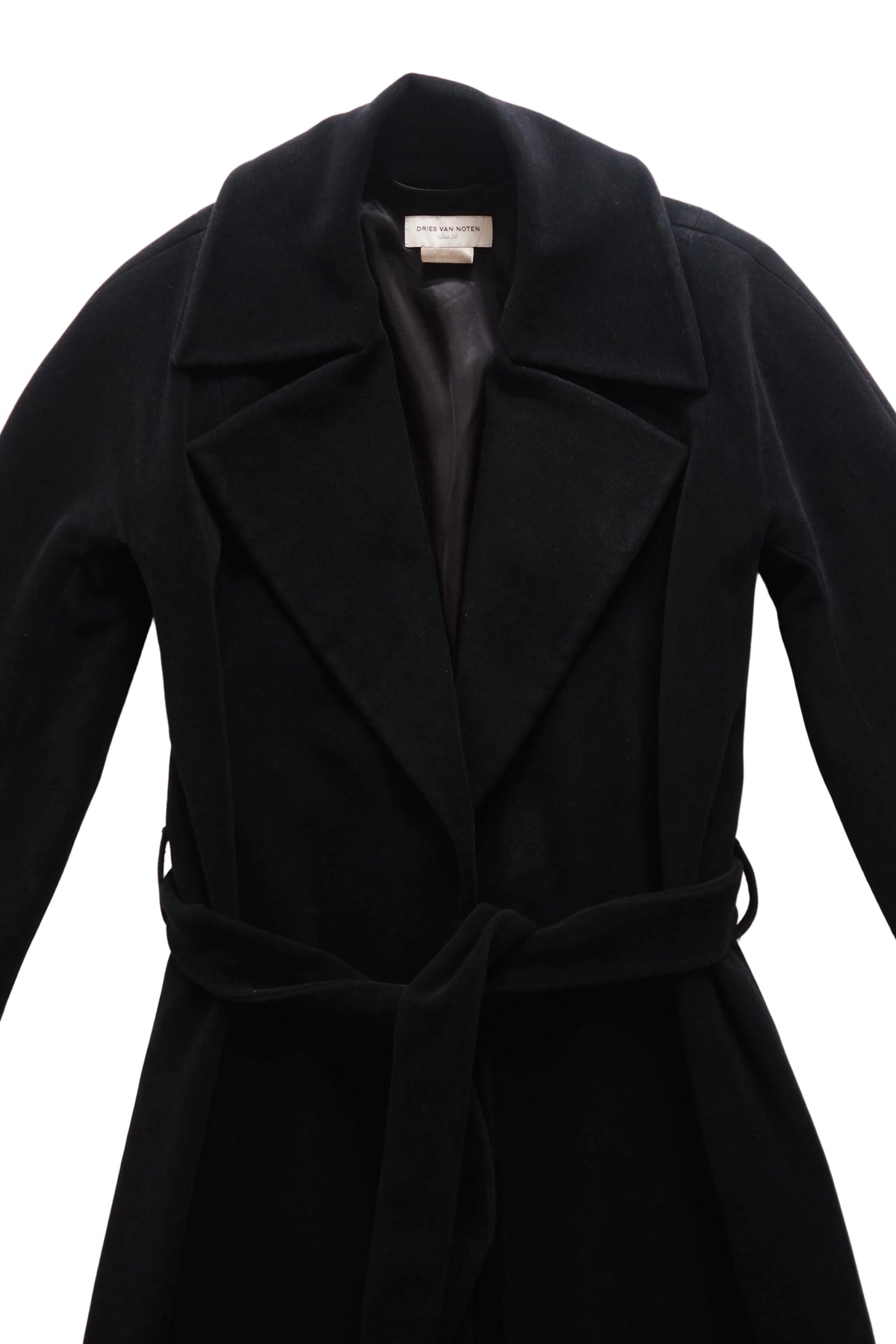 Dries van Noten long black wool velvet wrap coat