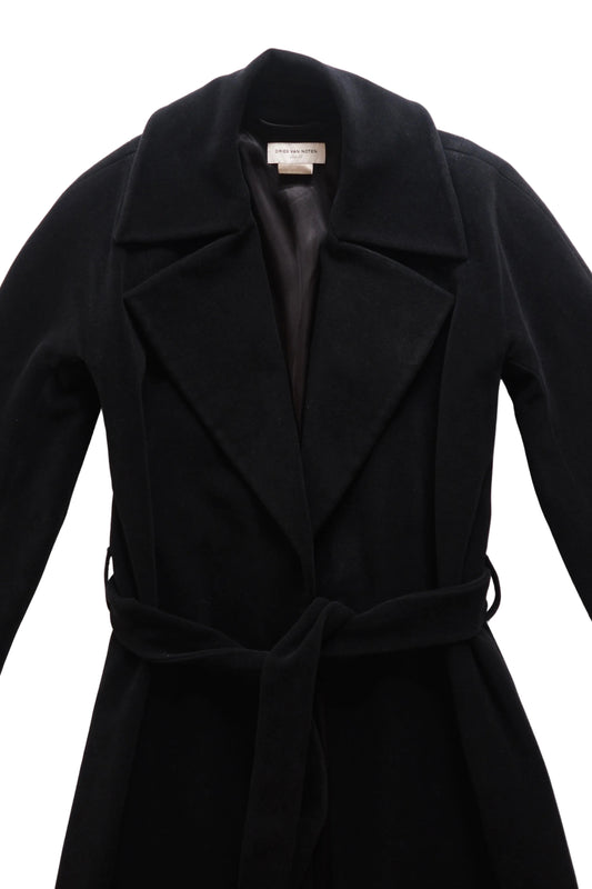 Dries van Noten long black wool velvet wrap coat
