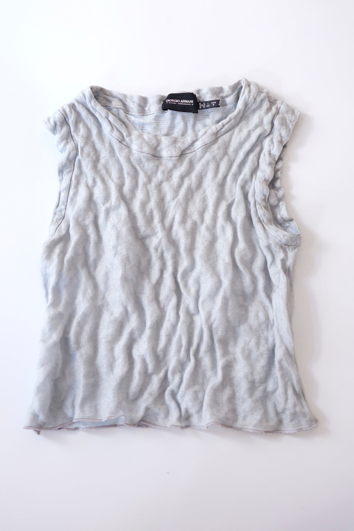 Vintage Giorgio Armani glittering light blue grey wrinkled crop top