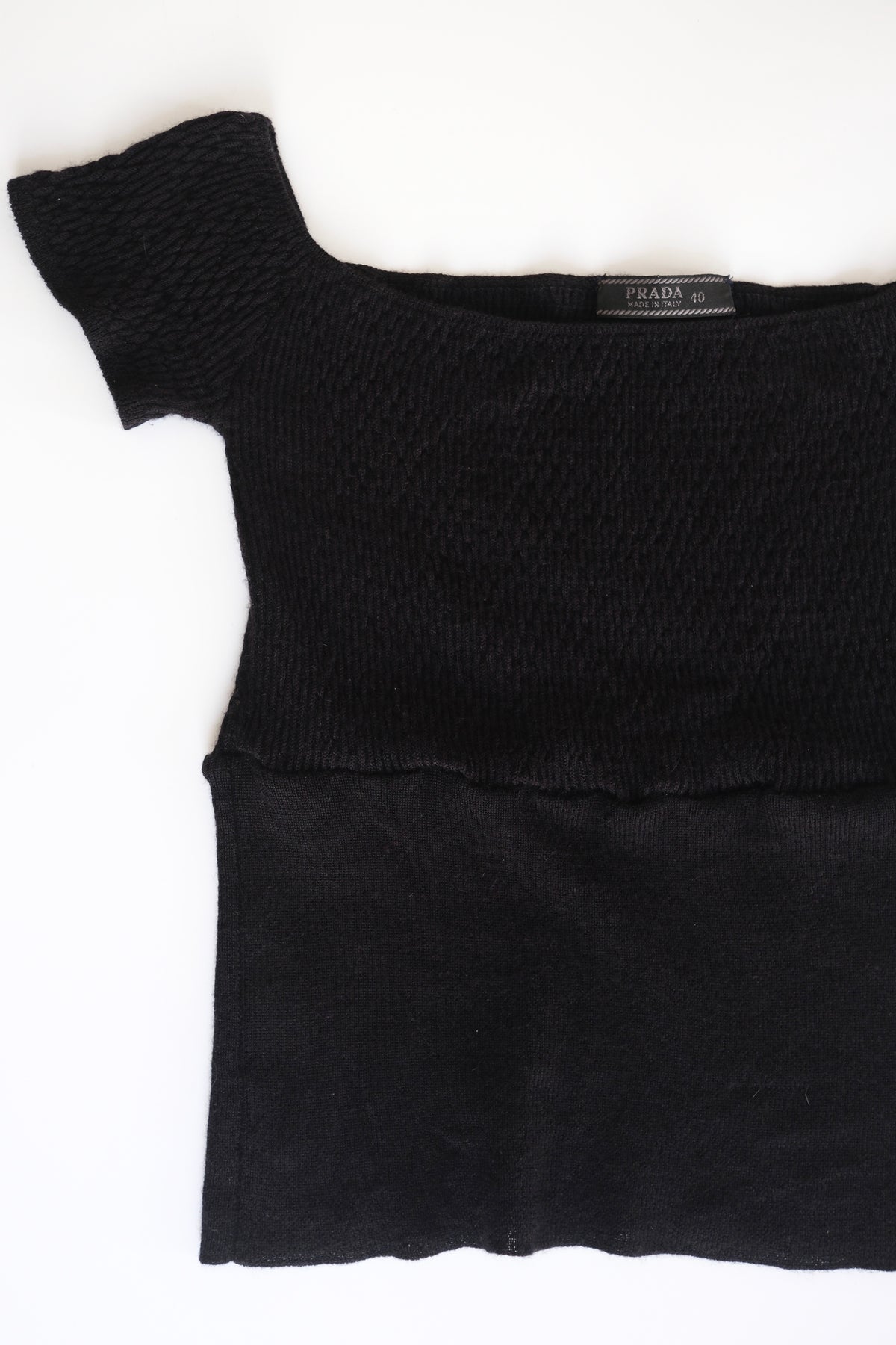 1990s Prada black cashmere silk blend off the shoulder cropped knit