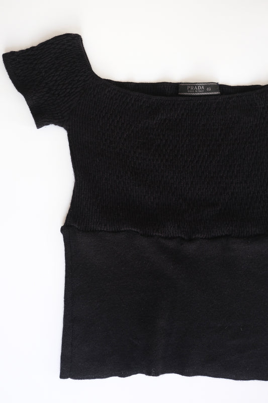 1990s Prada black cashmere silk blend off the shoulder cropped knit