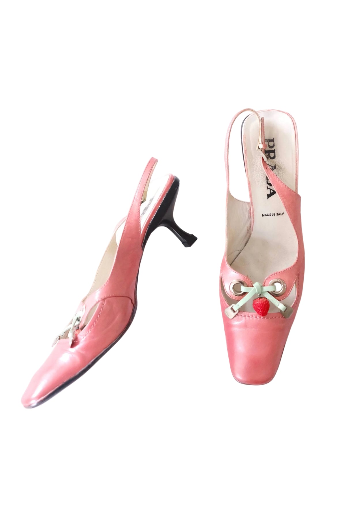Early 2000s Prada iridescent light pink kitten heel slingback mules