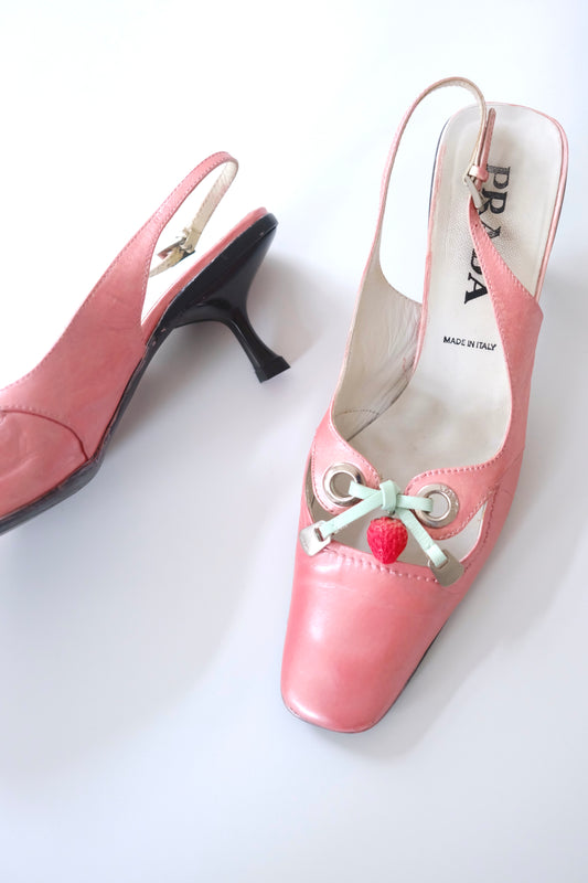 Early 2000s Prada iridescent light pink kitten heel slingback mules