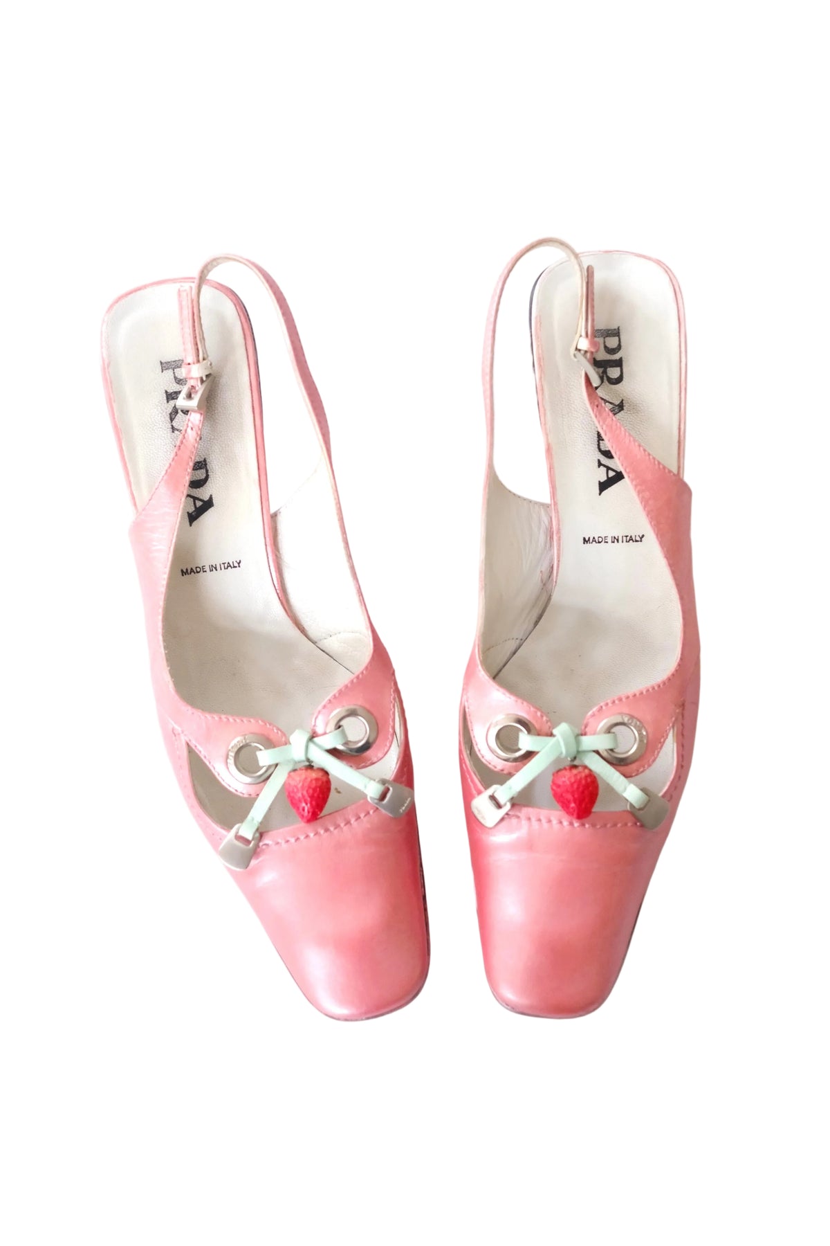Early 2000s Prada iridescent light pink kitten heel slingback mules