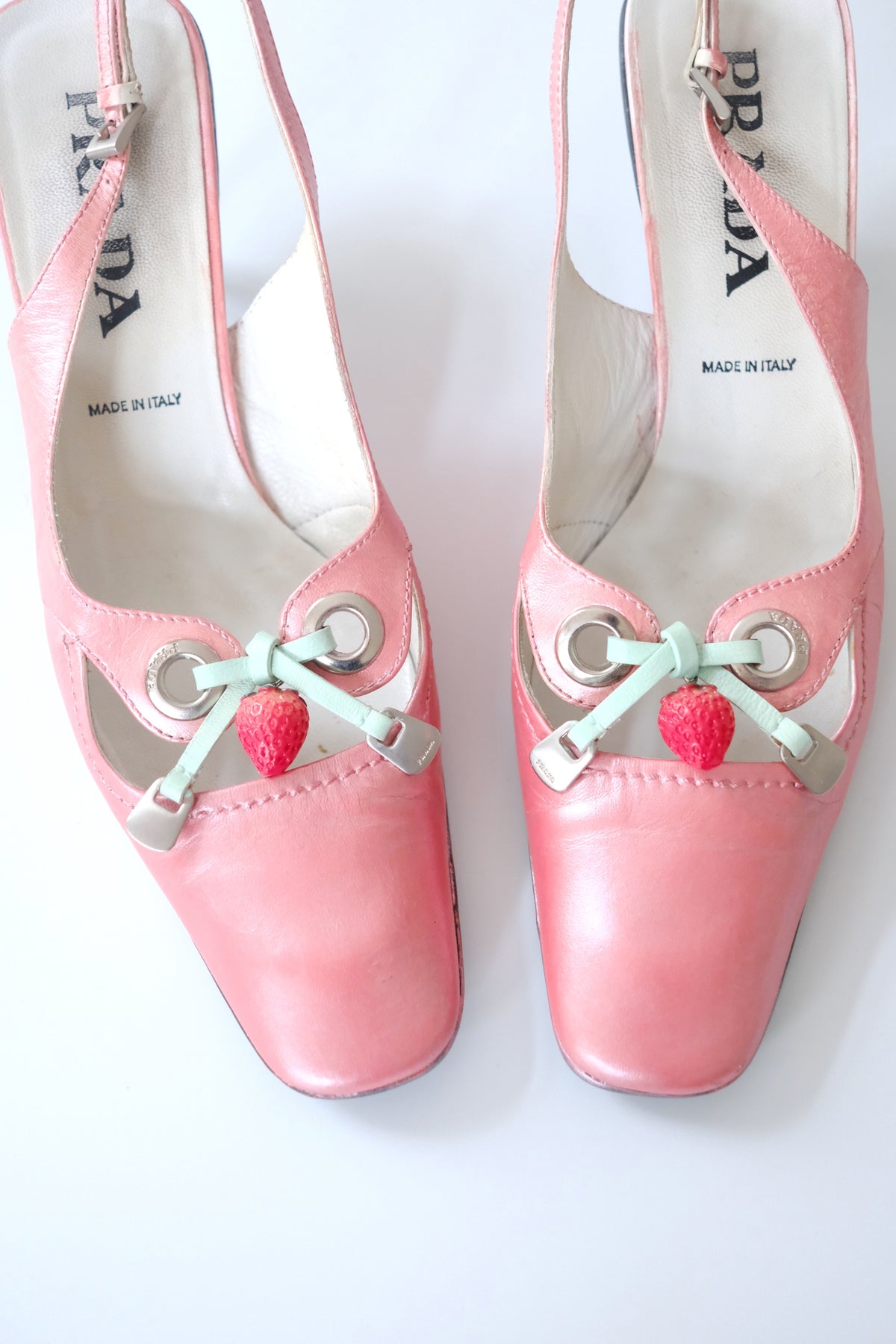 Early 2000s Prada iridescent light pink kitten heel slingback mules