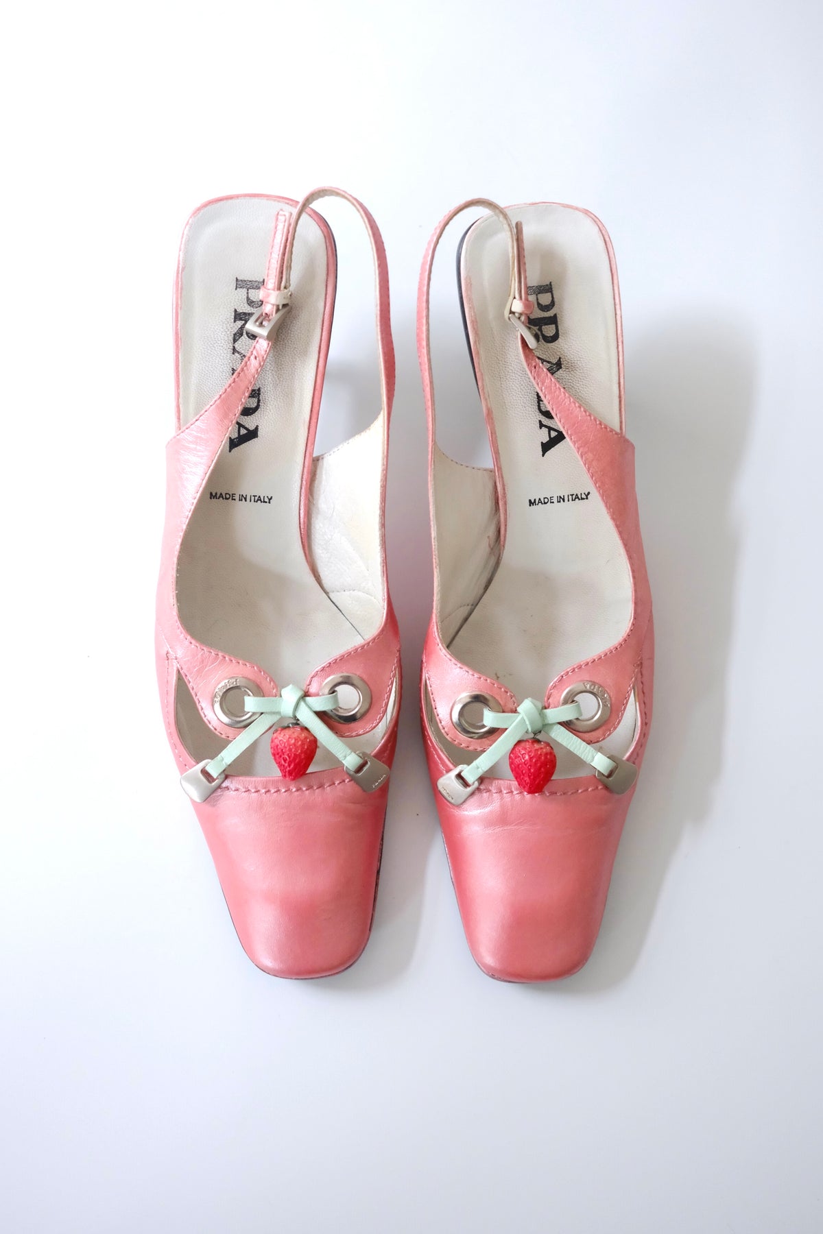 Early 2000s Prada iridescent light pink kitten heel slingback mules