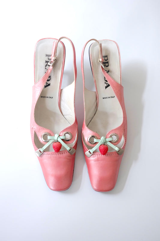 Early 2000s Prada iridescent light pink kitten heel slingback mules