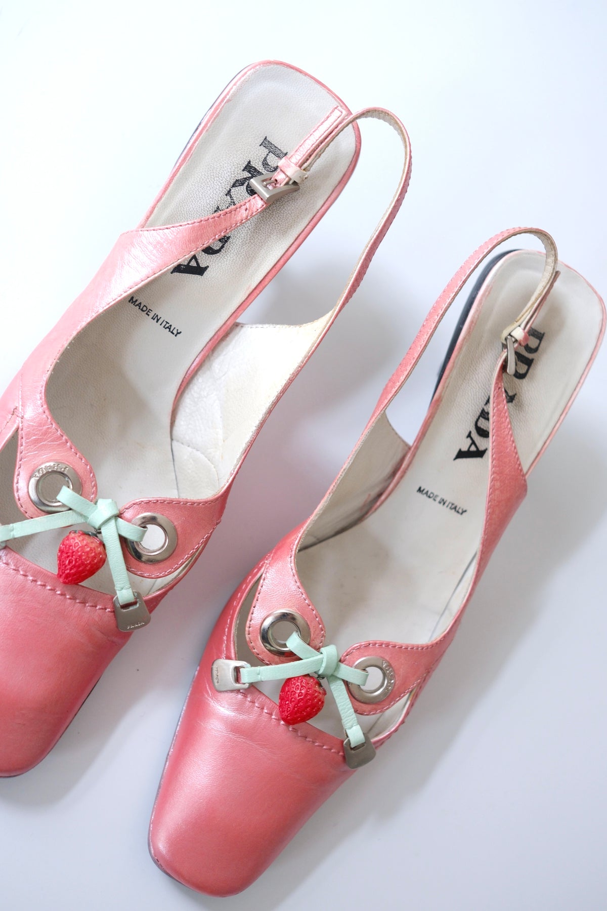 Early 2000s Prada iridescent light pink kitten heel slingback mules