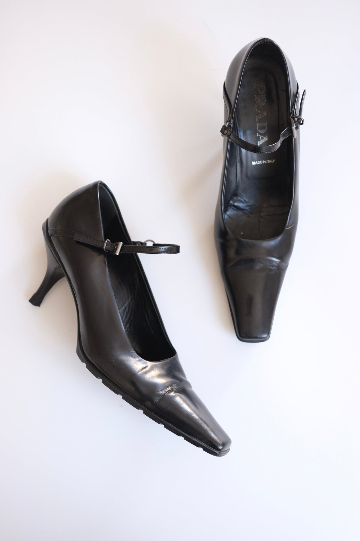 1990s Prada black leather pointy mary jane heels
