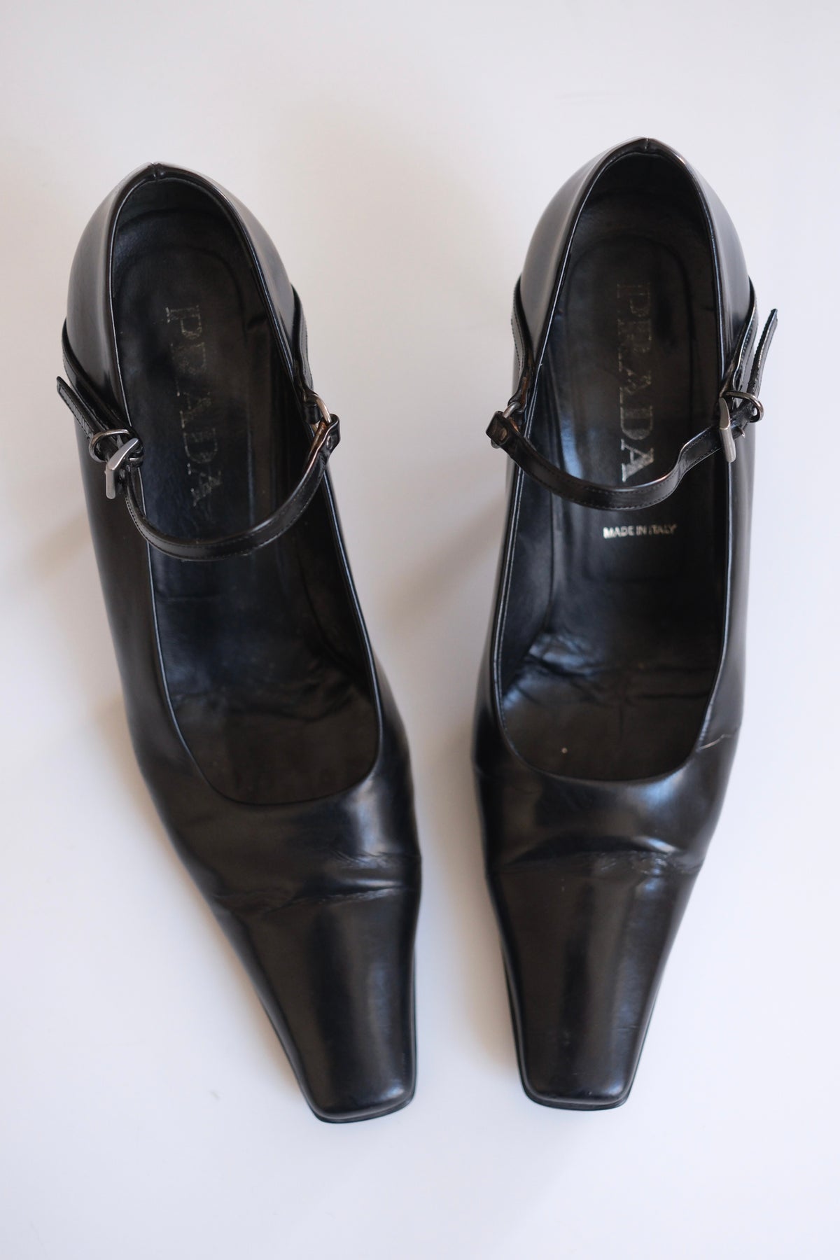1990s Prada black leather pointy mary jane heels