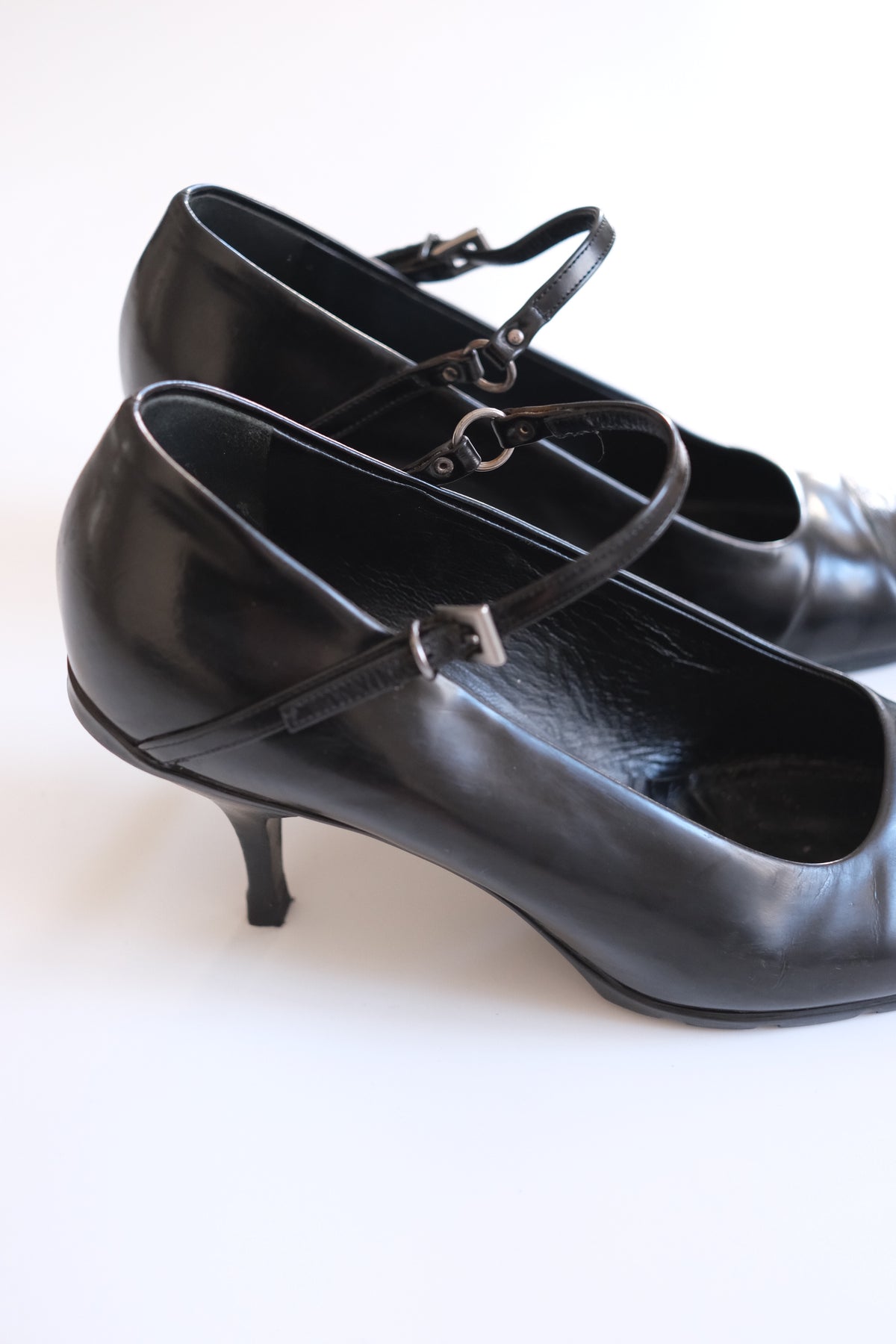 1990s Prada black leather pointy mary jane heels