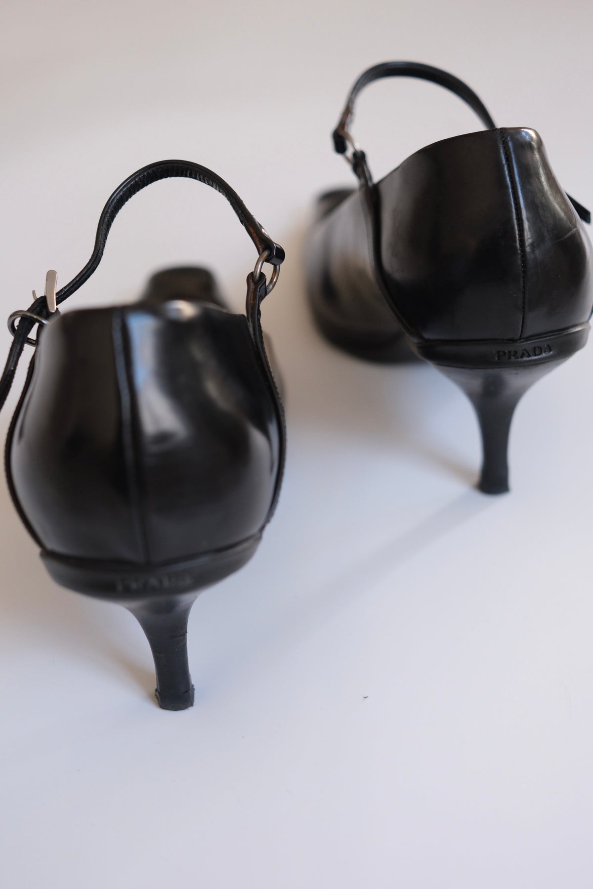 1990s Prada black leather pointy mary jane heels