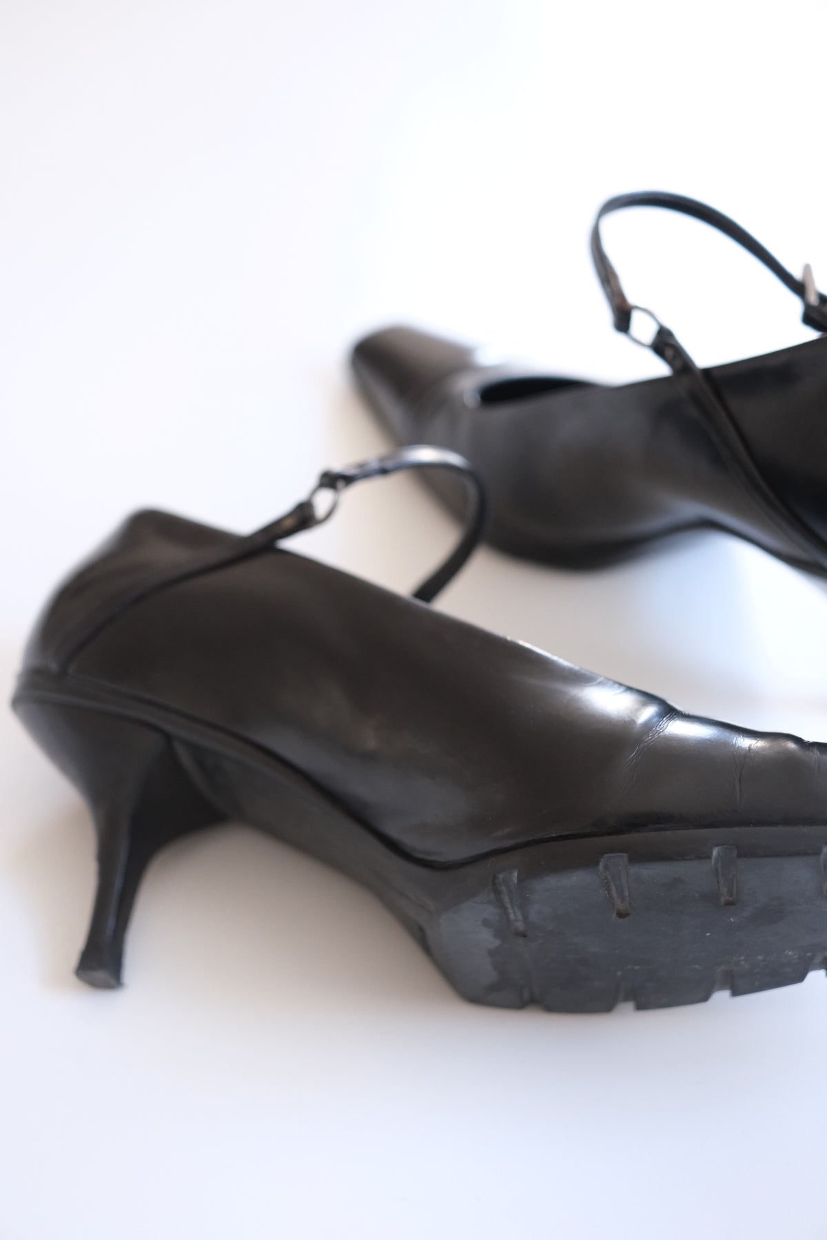 1990s Prada black leather pointy mary jane heels