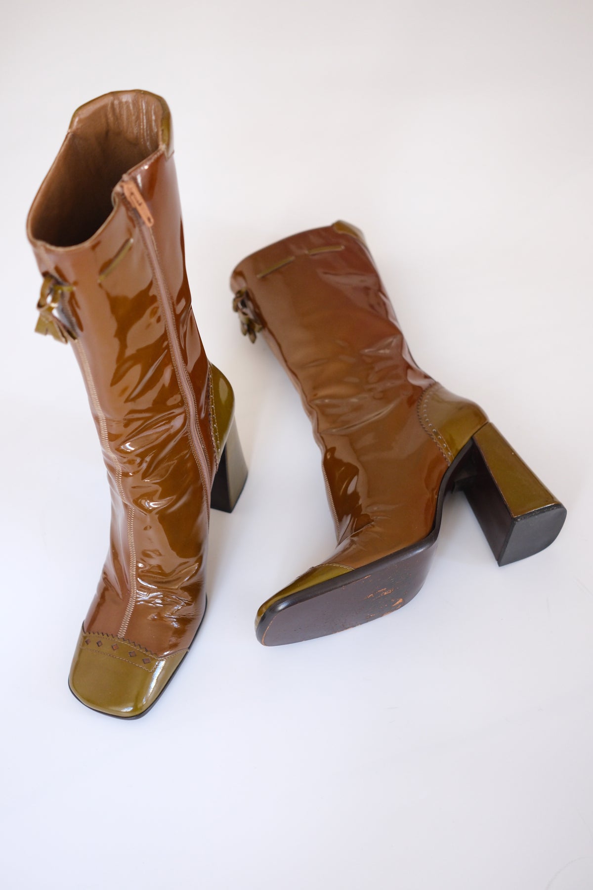Prada FW 1999 tall color block patent leather boots