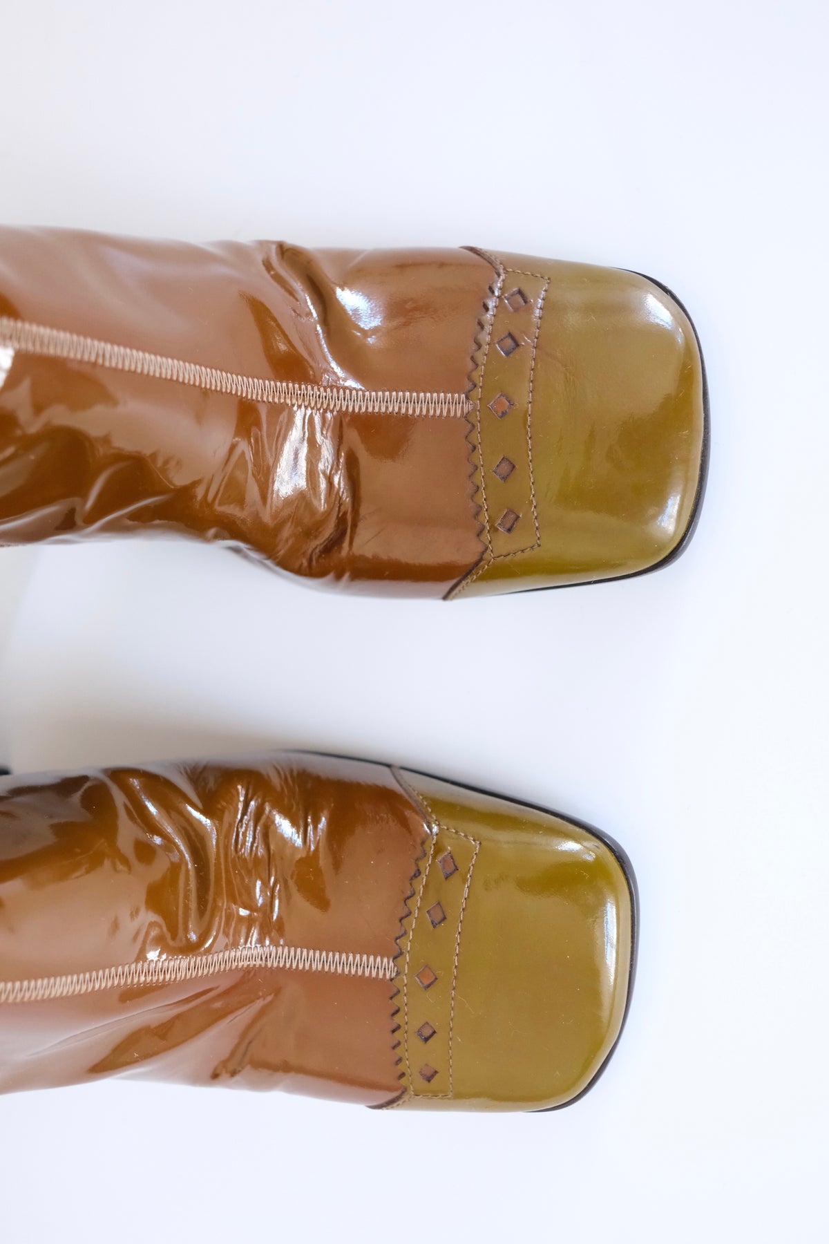 Prada FW 1999 tall color block patent leather boots