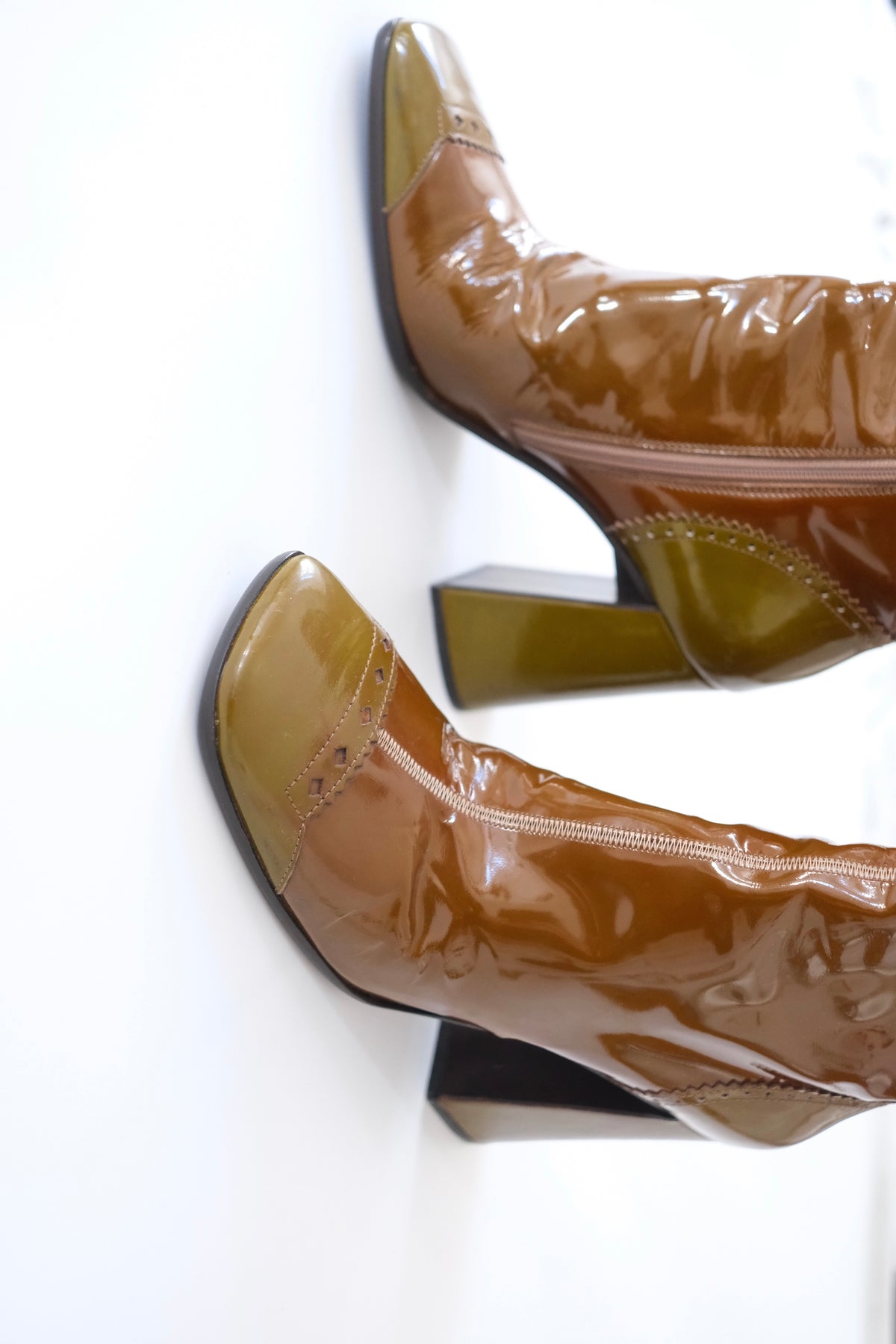 Prada FW 1999 tall color block patent leather boots