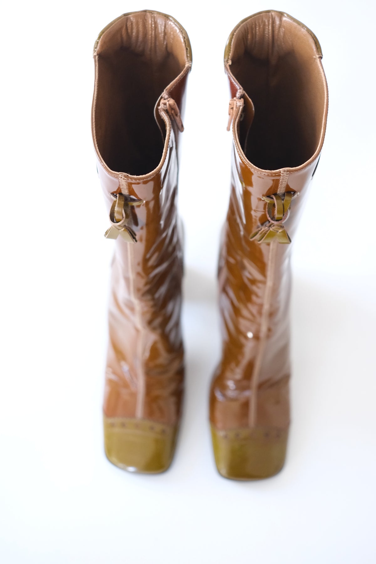 Prada FW 1999 tall color block patent leather boots