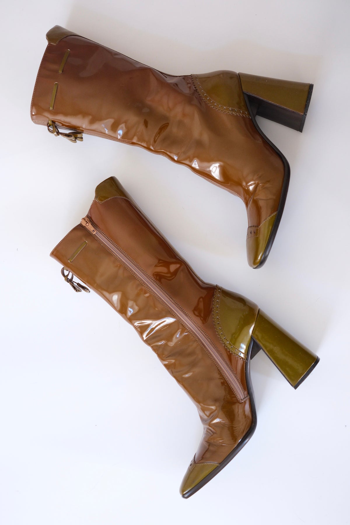 Prada FW 1999 tall color block patent leather boots