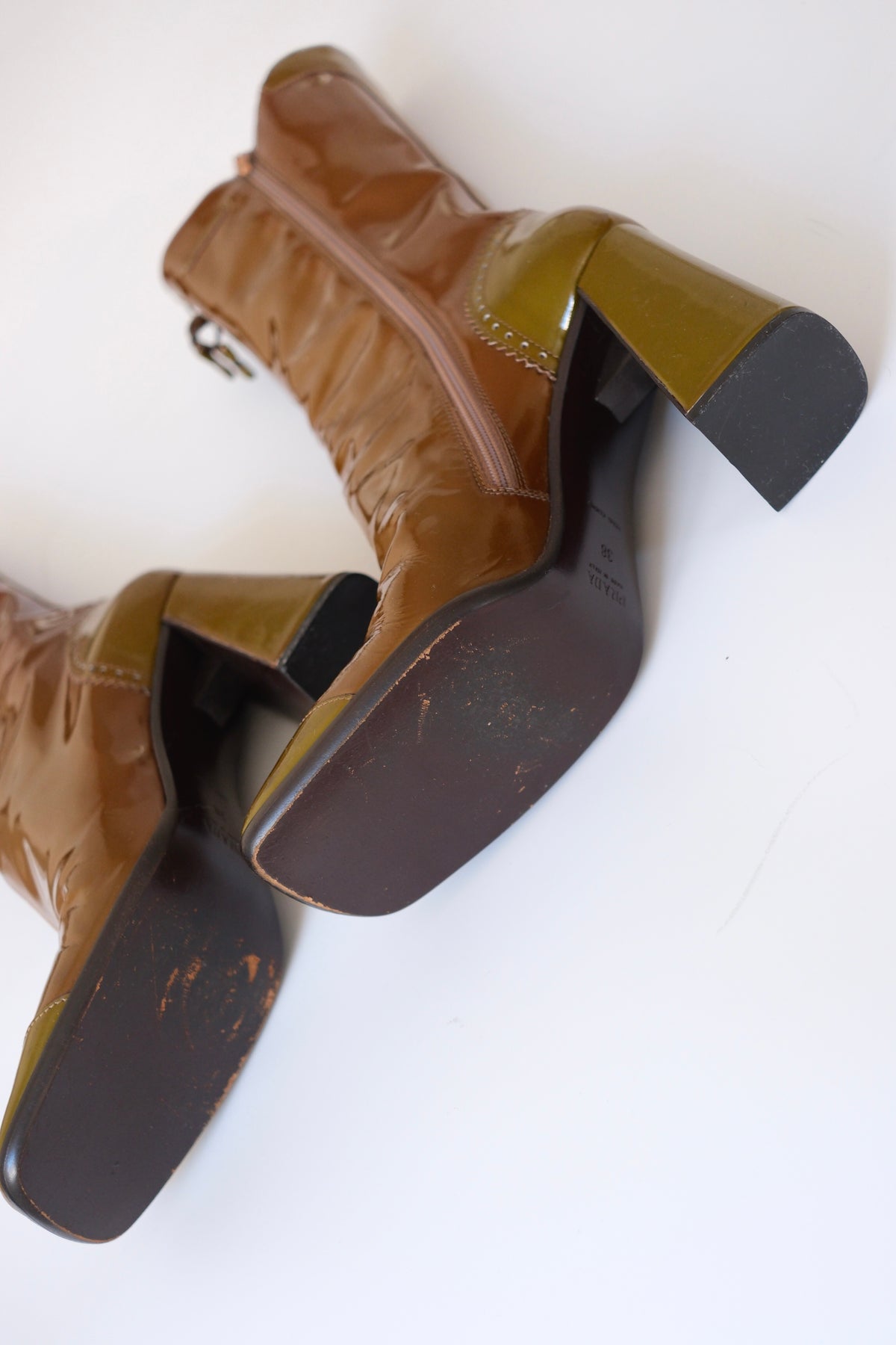 Prada FW 1999 tall color block patent leather boots