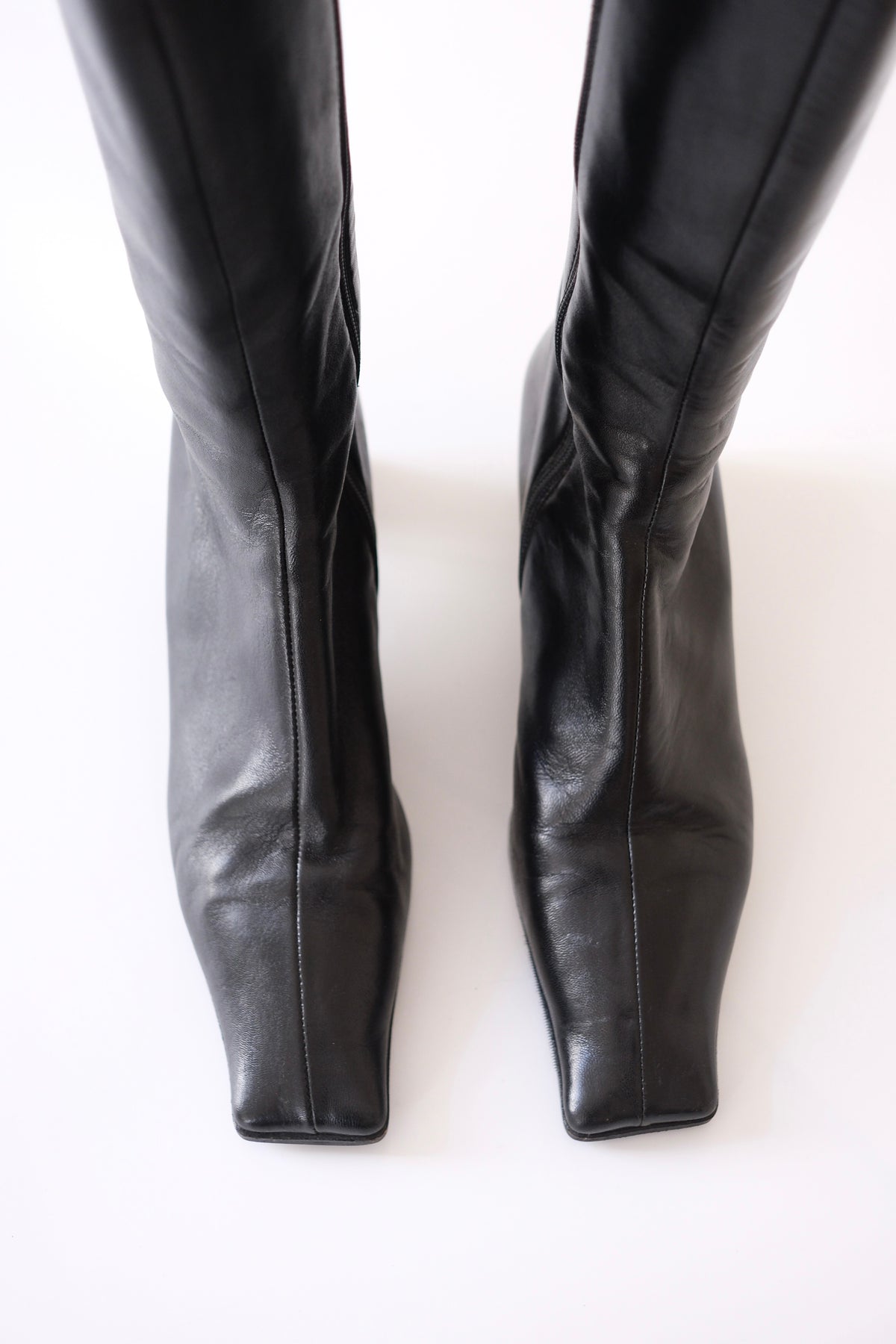 2000s Prada black leather tall square toe boots