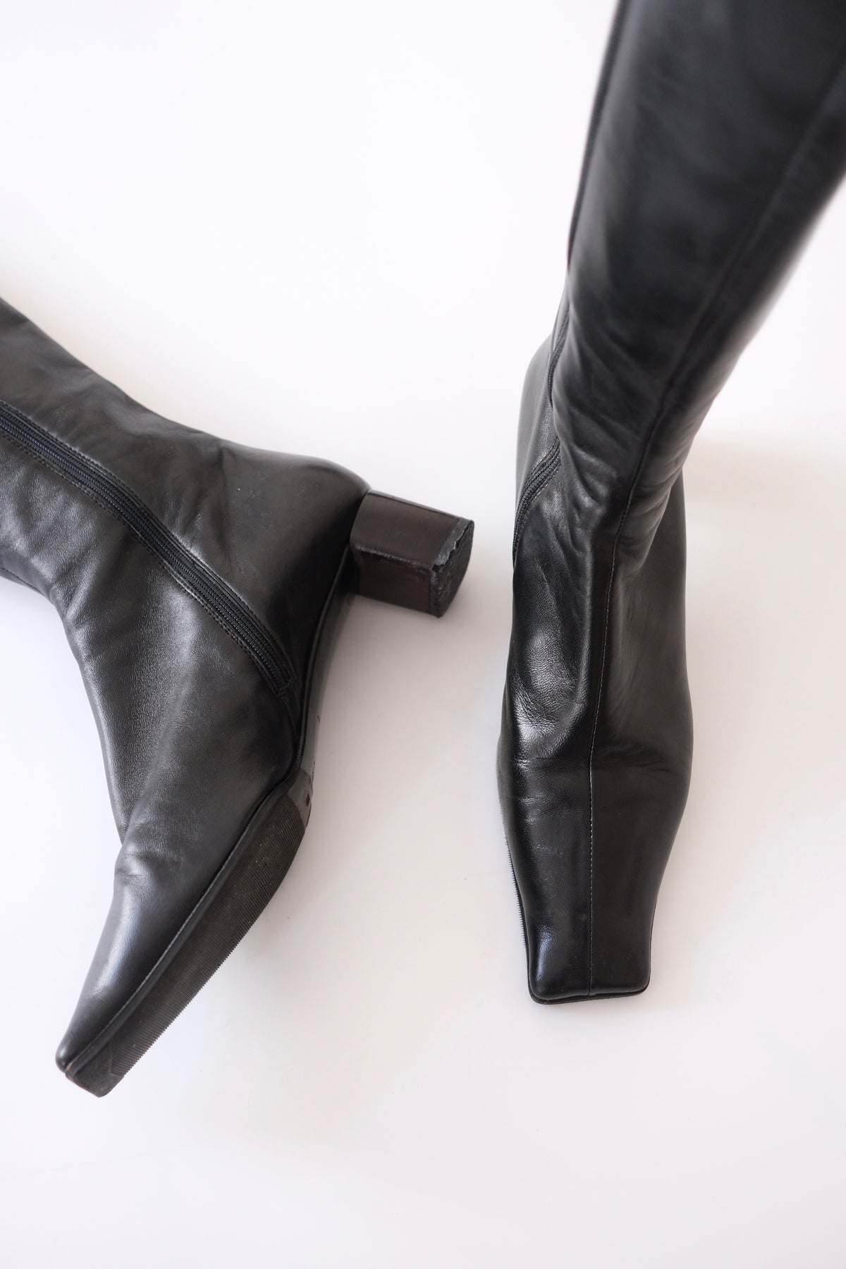 2000s Prada black leather tall square toe boots