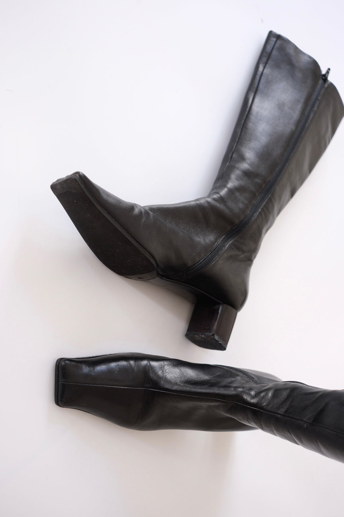 2000s Prada black leather tall square toe boots