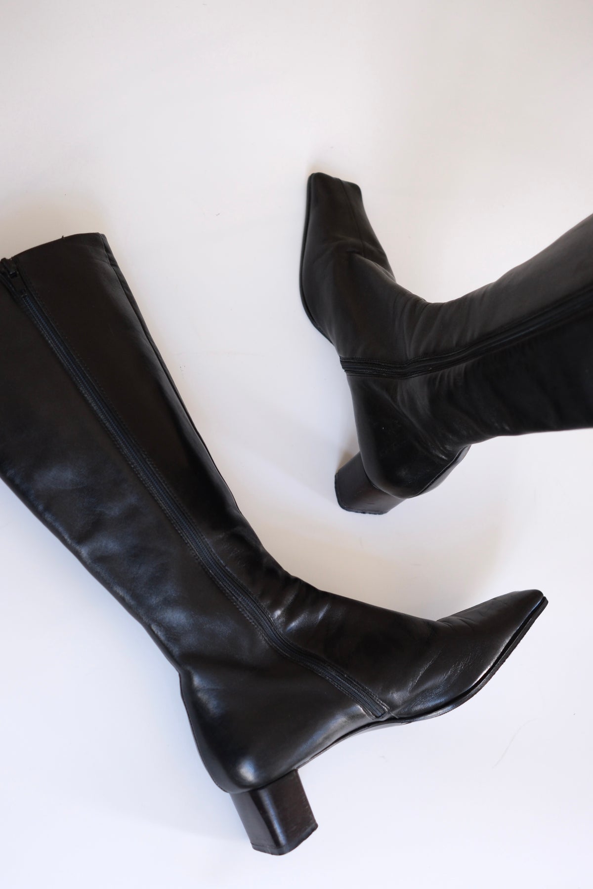 2000s Prada black leather tall square toe boots