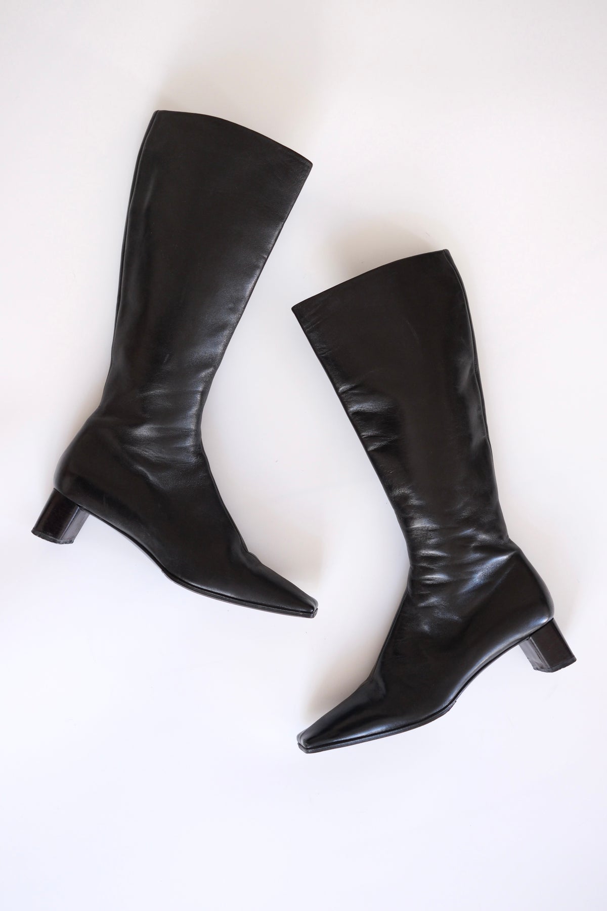 2000s Prada black leather tall square toe boots